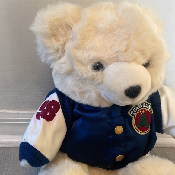Vintage 1998 TEAM SANTA White Christmas Bear 15" Plush Blue Snap Jacket - Picture 2 of 10
